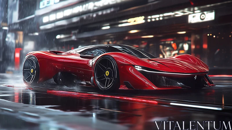 Futuristic red supercar prowls a neon city street in rain