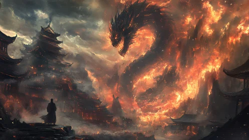 Monk confronting colossal fire dragon above burning temples.
