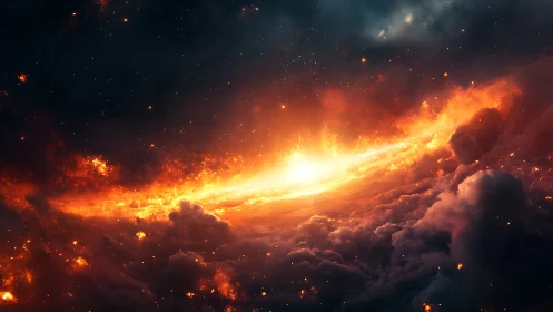 Fiery galactic sunrise ignites stormy cosmic clouds