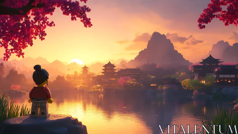 Lego figure overlooks serene pagoda lake at vivid sunset