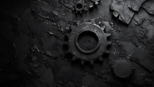 Industrial metal gears lie on cracked dark textured surface