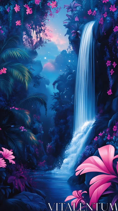 Neon blue jungle waterfall framed by lush pink flowers.