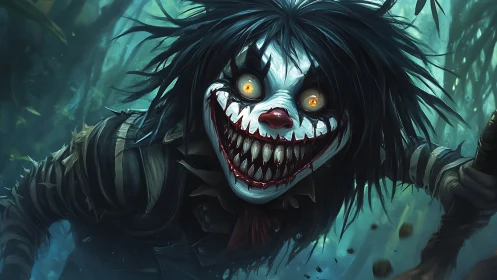 Menacing jungle clown lunges forward with exaggerated grin