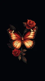 Emberwing butterfly courting scarlet roses at midnight.