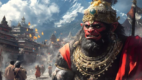 Demonic warrior deity towers over crowded mountain city.