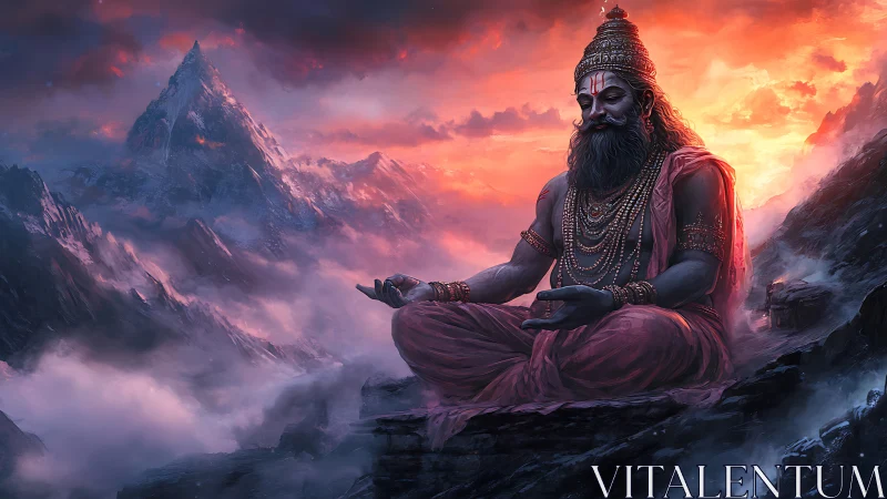 Bearded robed figure meditates on rocky peak at sunrise