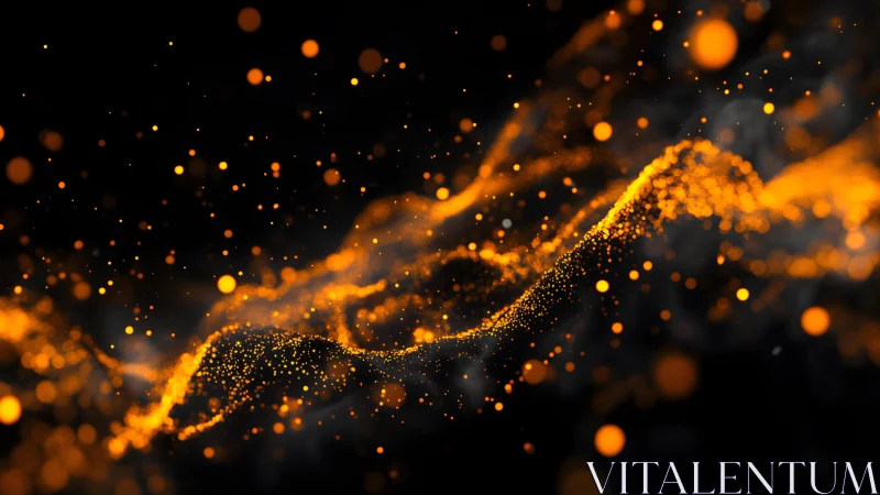 Abstract glowing orange particles wave on black background in motion.