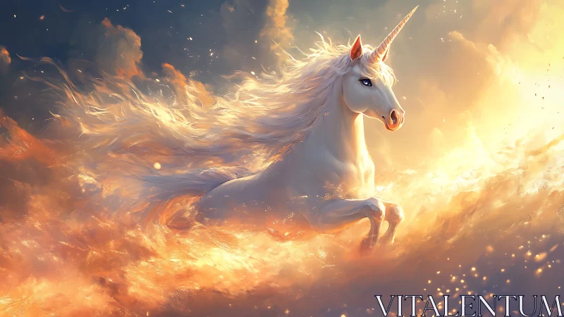 White unicorn strides through luminous golden clouds