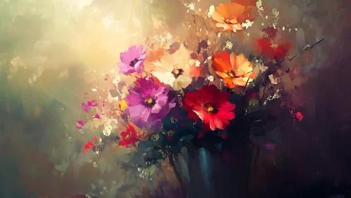 Vibrant Flowers in Vase with Atmospheric Light.