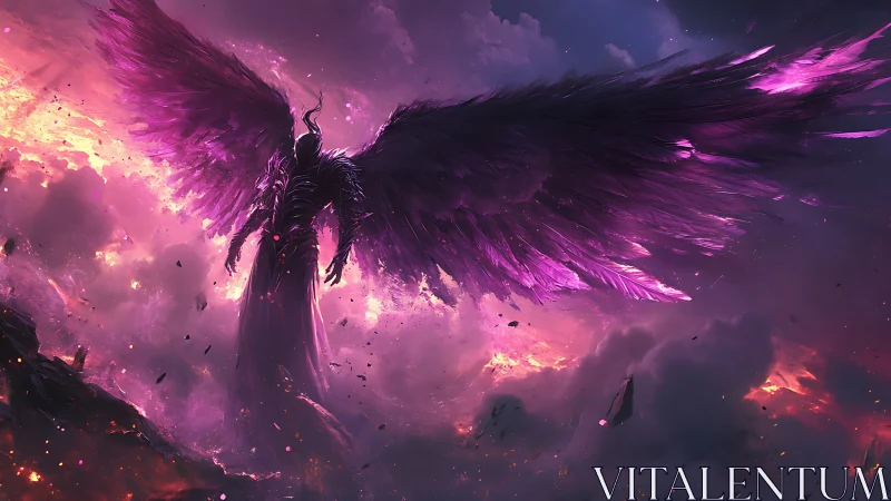 Winged void sentinel over incandescent storm horizon.