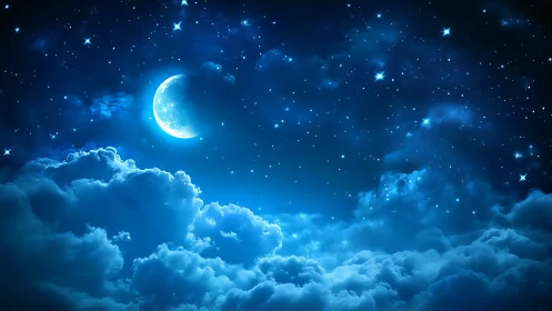 Moonlit clouds drifting through a sparkling midnight sky.