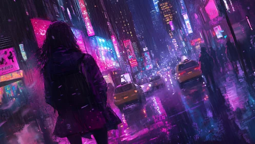 Nocturnal neon rainfall across hyper saturated city corridor.