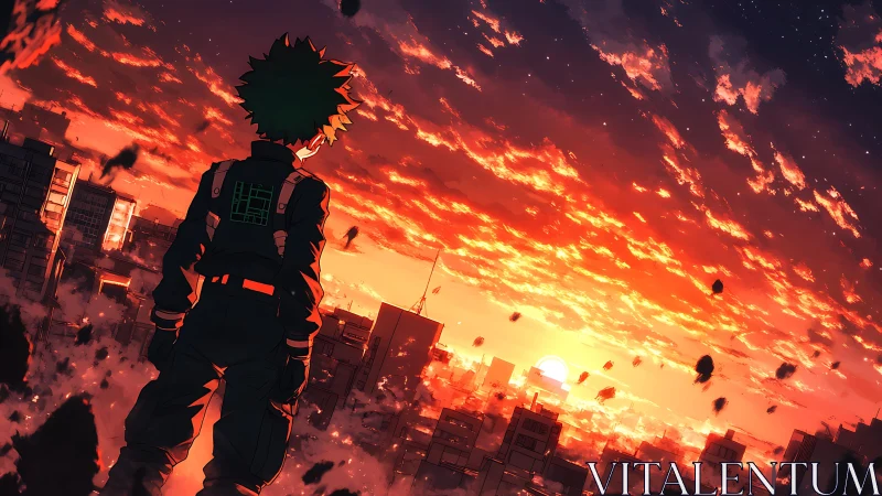 Heroic silhouette watches a burning orange city sunset sky