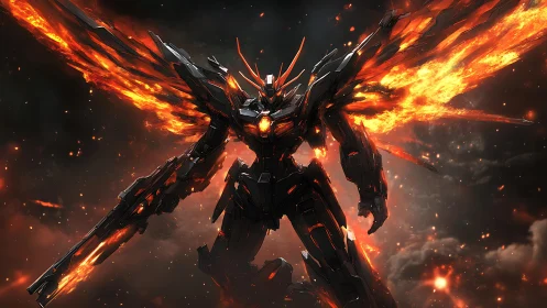 Fiery winged mech strides through stormlit molten skies.