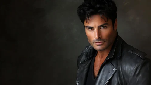 Male subject in leather jacket is posed against dark backdrop
