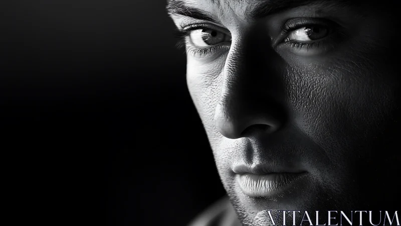 High-contrast monochrome male portrait in tight close-up framing.