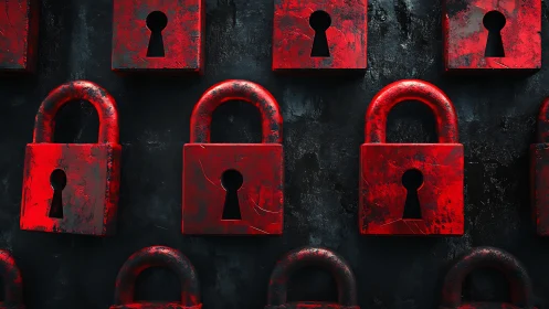 Red padlocks line a dark wall, symbolizing strong data security.