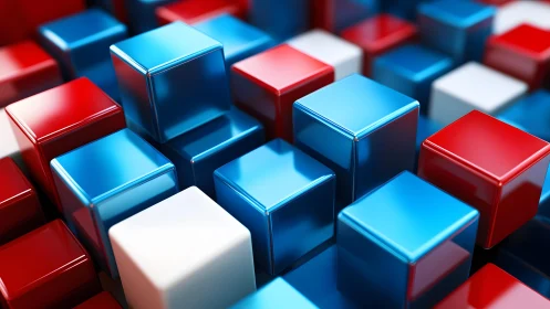 Chromatic cube parade in glossy red, white, and blue.