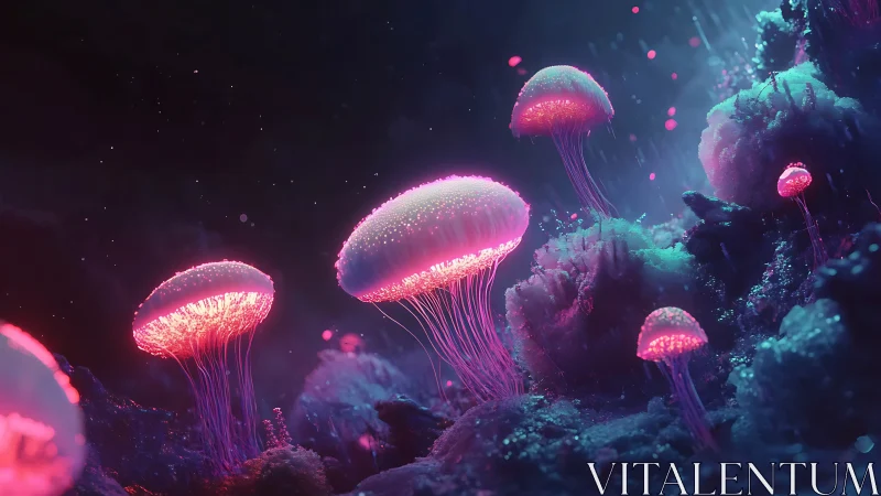 Luminous neon jellyfish drift through glowing alien reef.