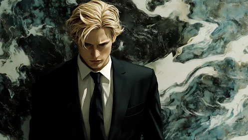 Stormy minded man in a suit stands before swirling chaos