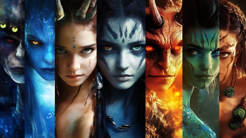 Elemental fantasy portraits contrast glowing eyes and skin tones