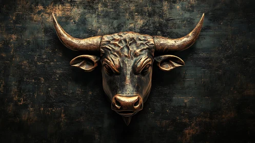 Bronze bull head sculpture on dark textured wall.