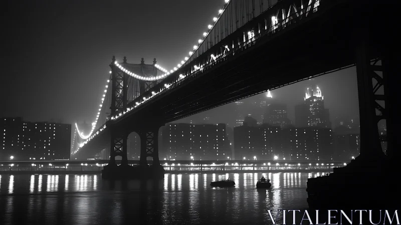 Bridge lights glow through fog over city river at night.