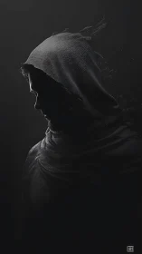 Hooded male silhouette dissolving into textured digital shadow
