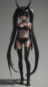 Horned anime character in black latex outfit on gray background.