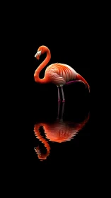 Bright flamingo with water reflection on black background.