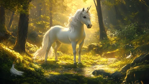 White unicorn standing in sunlit forest stream clearing.