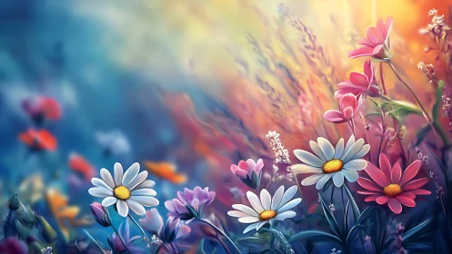 Digital floral composition with white and pink daisies in soft focus field
