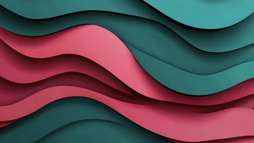 Layered teal and pink curved bands in abstract composition.