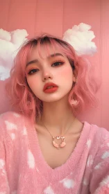 Pink themed portrait of woman against stylized cloud backdrop.