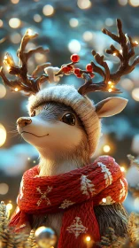 Cozy Christmas reindeer portrait in winter lights.
