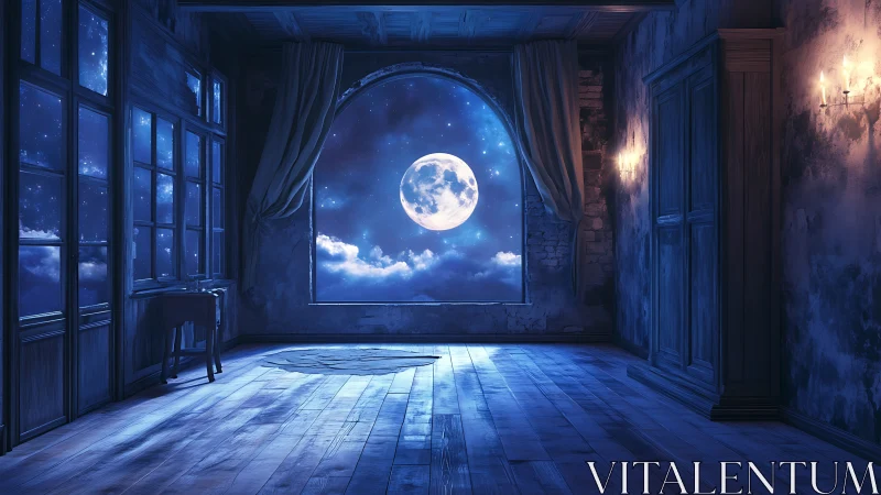 Interior room with moonlit sky framed by large arched window.
