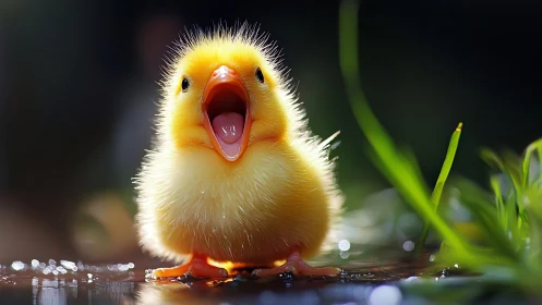 Photorealistic shallow-focus portrait of a calling duckling.