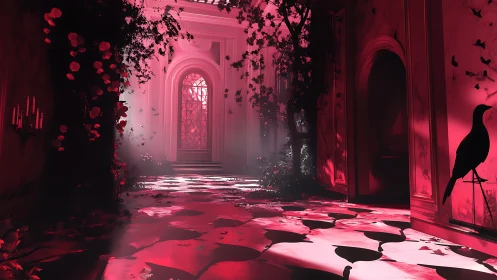 Crimson echoes drift through a moonlit, overgrown hallway