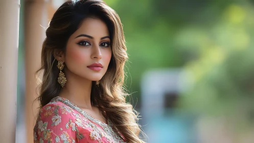 Golden gaze in coral silk beside a sunlit garden wall.