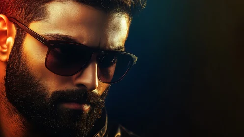 Confident bearded man in sunglasses enjoys a moody, vivid glow
