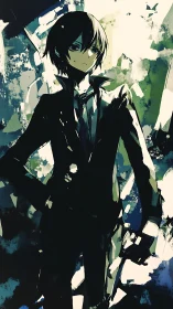 Stoic anime youth in dark suit amid abstract shards.