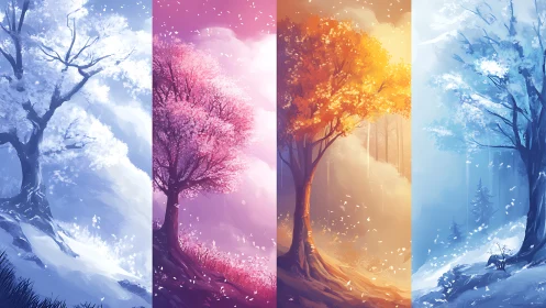 Four seasonal trees divide the scene into distinct color panels