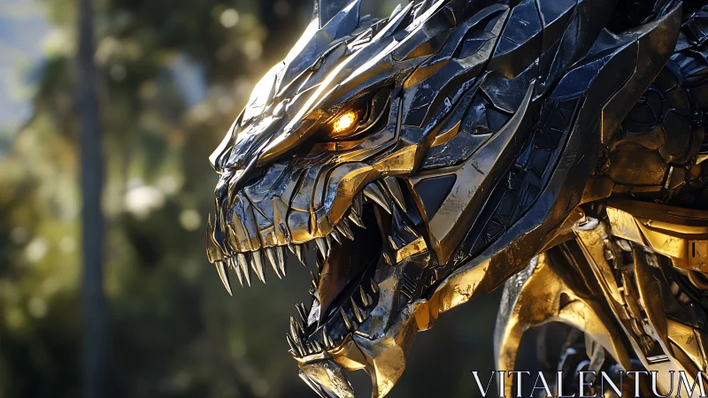 Metallic dragon head with glowing eye in forest light.