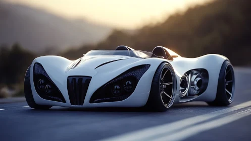 Futuristic white concept roadster on mountain highway at dusk.