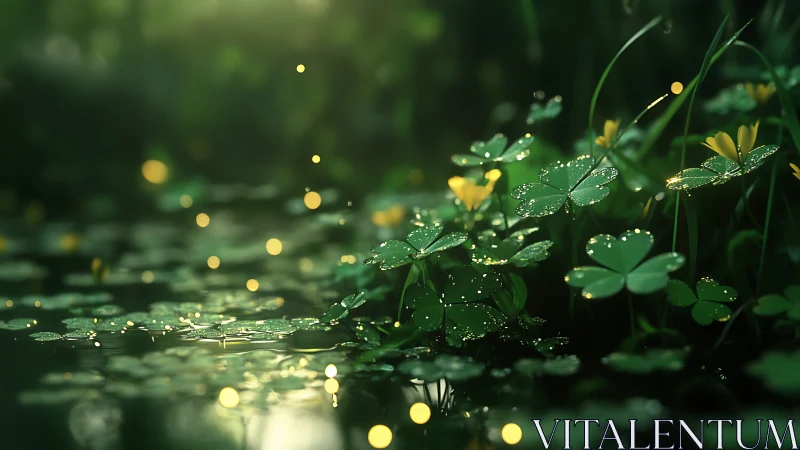 Gentle forest pond where clovers and fireflies share secrets.