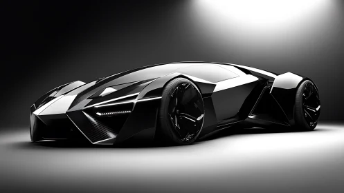 Futuristic black hypercar in dramatic studio side profile.