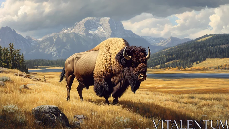 Solitary bison standing in golden valley before tall peaks.
