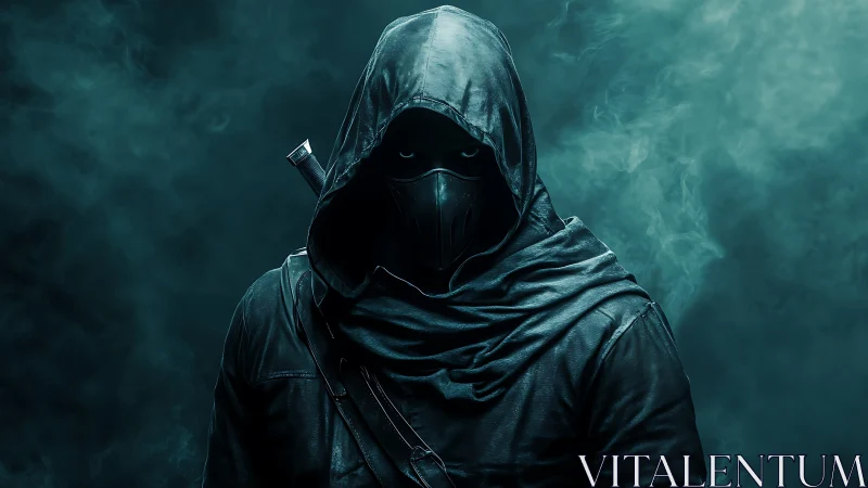 Hooded tactical operative in teal atmospheric backscatter fog.