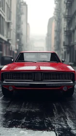 Crimson muscle car prowls a rain glazed city boulevard.