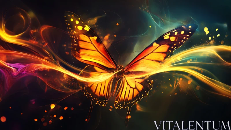 Luminous firewing butterfly streaking through neon dusk.